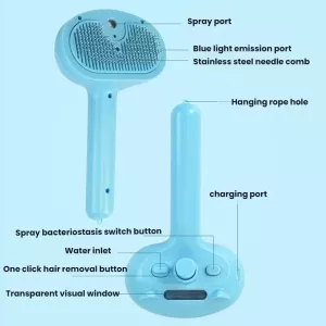 Pet Blue Light Antibacterial Spray Massage Knot Comb (Modrý)