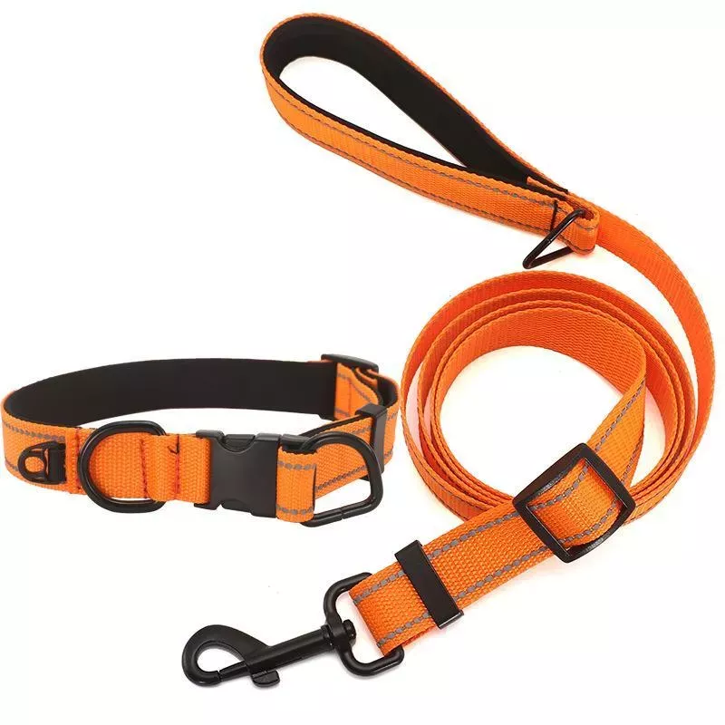 Reflexní voděodolný obojek pro psy s černou sponou a 1,8m vodítkem, velikost M (oranžová) TopTechnology