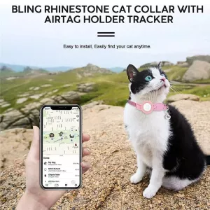 Obojek pro domácí zvířata s rhinestones a zvonkem pro Airtag (Růžový diamant) TopTechnology