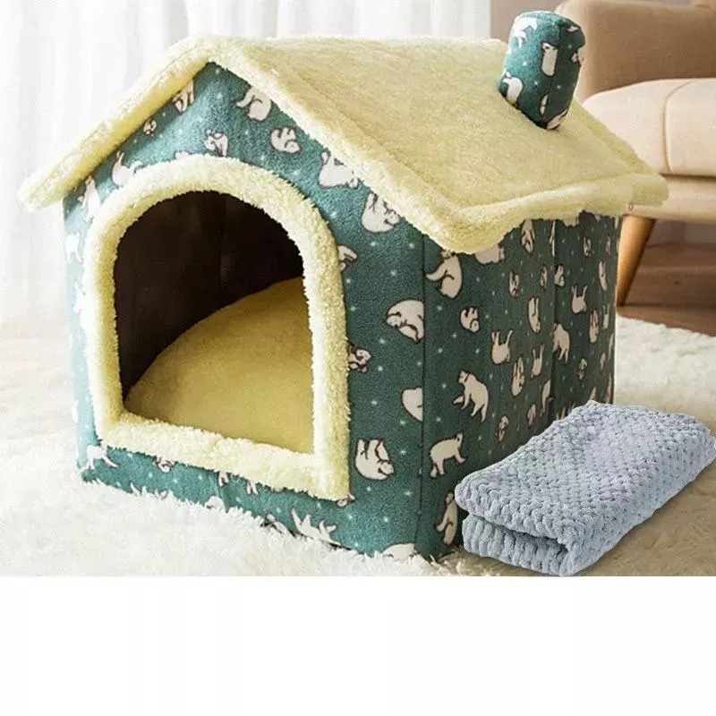 Univerzální vyjímatelný a pratelný pelech pro psy a kočky, velikost M (Zelený medvěd + deka) TopTechnology