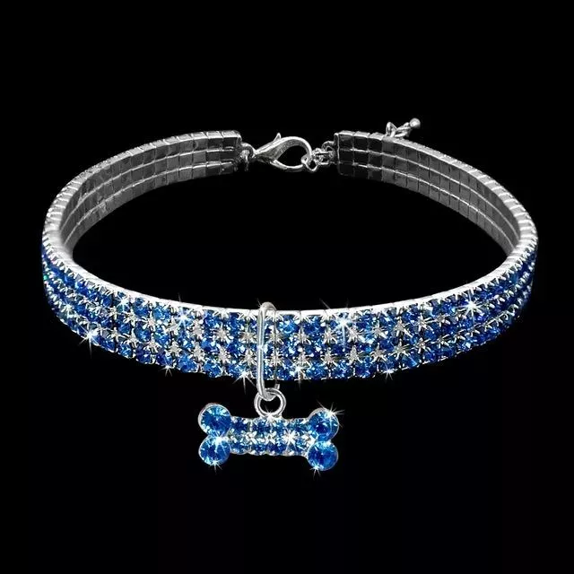 Bling Růžový Obojek pro psy s Rhinestones - Malí psi (Modrý, Velikost M) TopTechnology