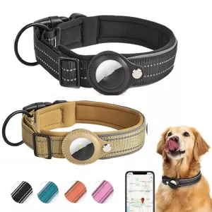 Obojek pro psa s AirTag - Neopren, Reflexní, Velikost: M (Tmavě Khaki)