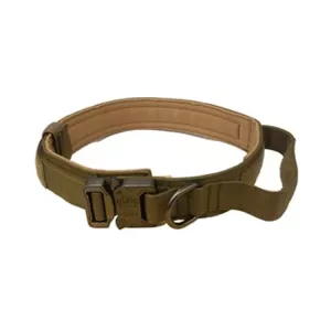 Nylonový zpevněný obojek pro psy střední a velké velikosti s nastavitelnou délkou (khaki + světle šedý knoflík)