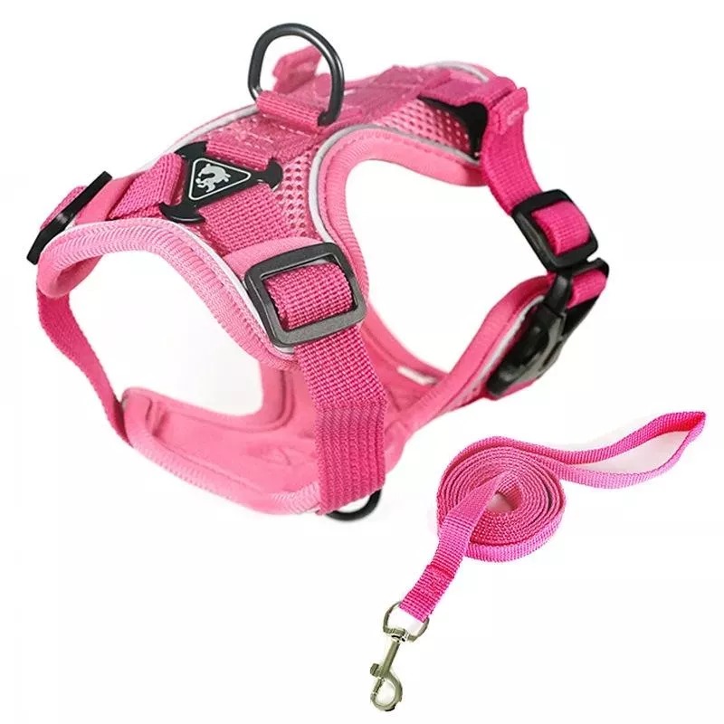 Pet Vest Harness + Traction Rope Set - Reflexní a Prodyšný Postroj pro Psy a Kočky, Velikost M (Růžová)