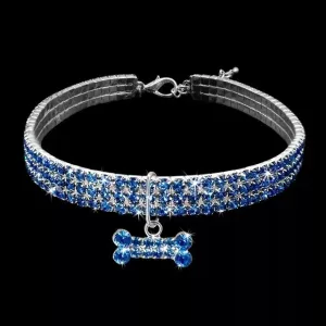 Bling Rhinestone Obojek pro Psy s Krystaly - Velikost L (Modrý)