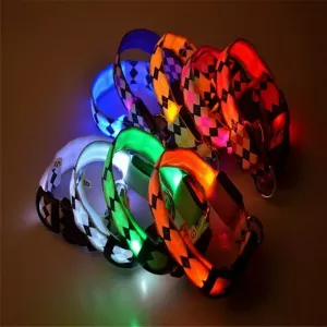 Obojek pro psy s LED osvětlením a kostkovaným vzorem, nabíjecí, velikost S (oranžový)
