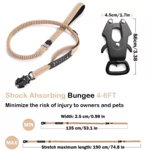Odolné Bungee Vodítko pro Psy s Reflexními Pásky (Khaki) - Šokové Absorpční Vodítko pro Střední a Velké Psy
