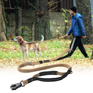 Odolné Bungee Vodítko pro Psy s Reflexními Pásky (Khaki) - Šokové Absorpční Vodítko pro Střední a Velké Psy